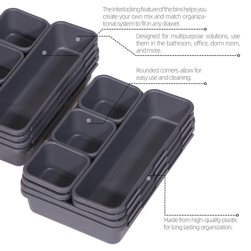 TENABORT Set of 22 Interlocking Desk Drawer Organizer Tray Dividers Plastic Shallow Narrow Drawers Organizers Separators and Storage Bins Container for Kitchen Bathroom Makeup Office Vanity Bedroom Dresser - Image 5